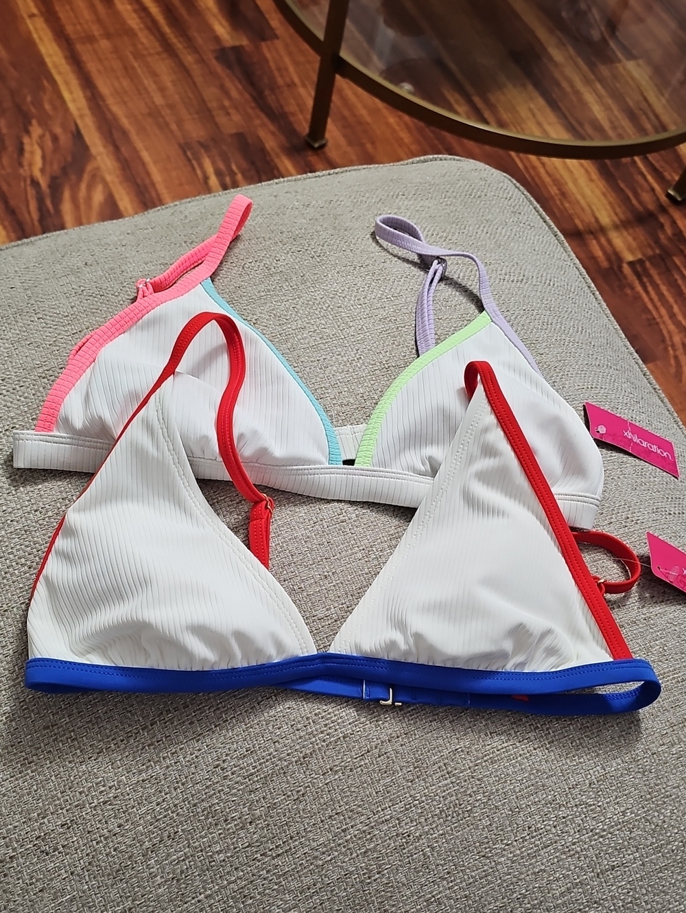 Xhilaration White Triangle Bikini Tops with Multicolor Trim Bundle 2 Sx 8-10 NWT